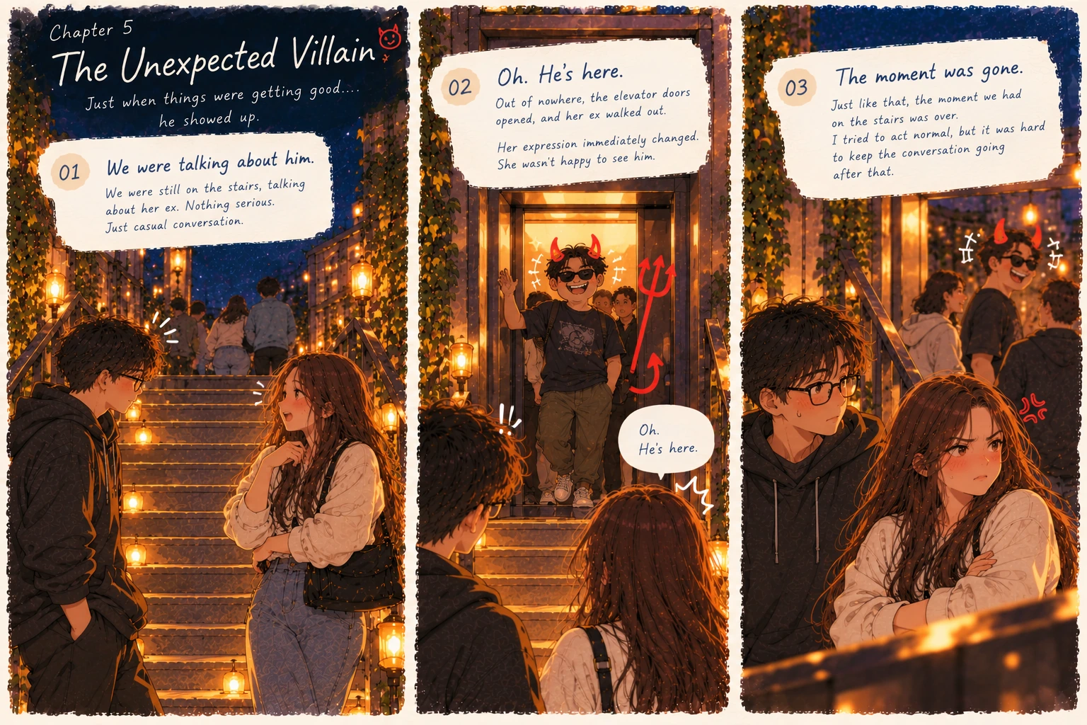 Full watercolor three-panel comic: a young man wearing glasses and a young woman talking on the stairs, a goofy cartoon devil ex stepping out of an elevator, and the girl's furious reaction