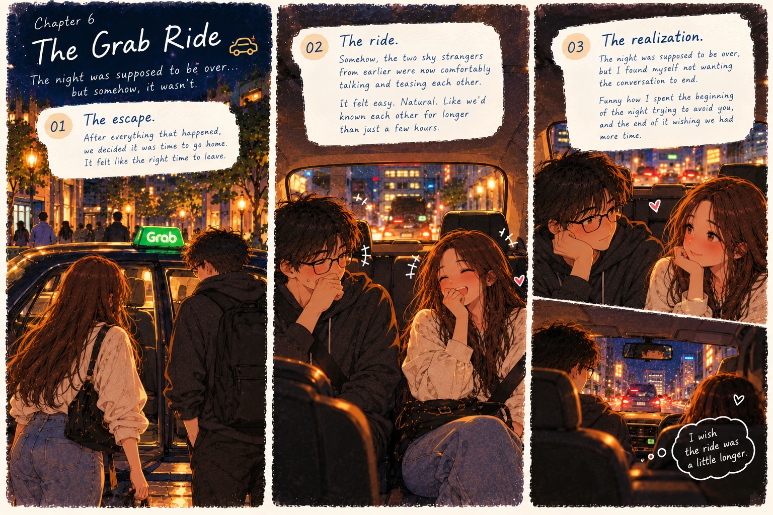 Complete three-panel watercolor comic showing the couple approaching a Grab car, laughing together in the back seat, and quietly enjoying each other's company while city lights pass outside
