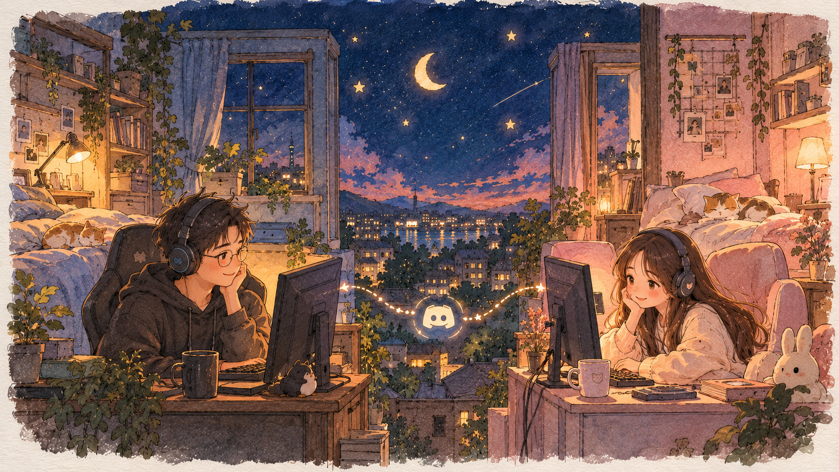 Watercolor illustration of a young man wearing glasses and a young woman gaming in their separate cozy bedrooms at night