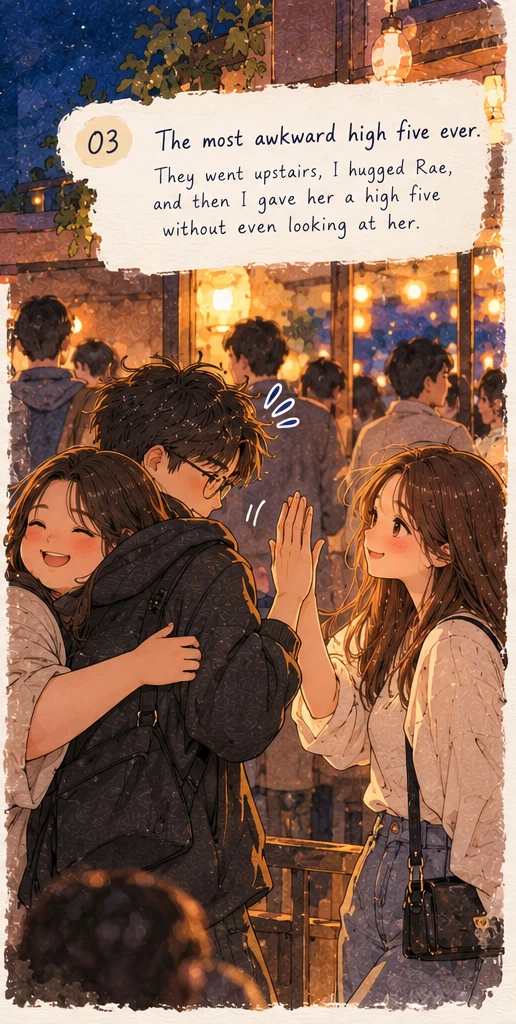 Watercolor illustration of Rae hugging the glasses-wearing young man, with his crush beside them during the awkward greeting
