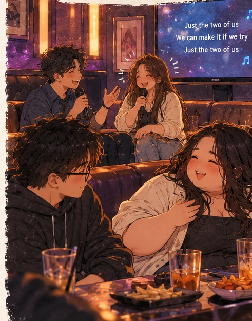 Warm watercolor karaoke room, Steven talking with the girl while the young man in glasses talks with Rae