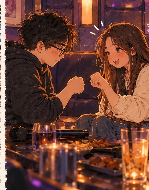 Illustrated young couple preparing to play rock paper scissors at a karaoke table, man wearing glasses