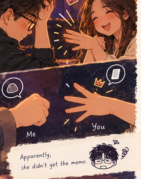 Watercolor girl smiling triumphantly after winning rock paper scissors against a young man in glasses