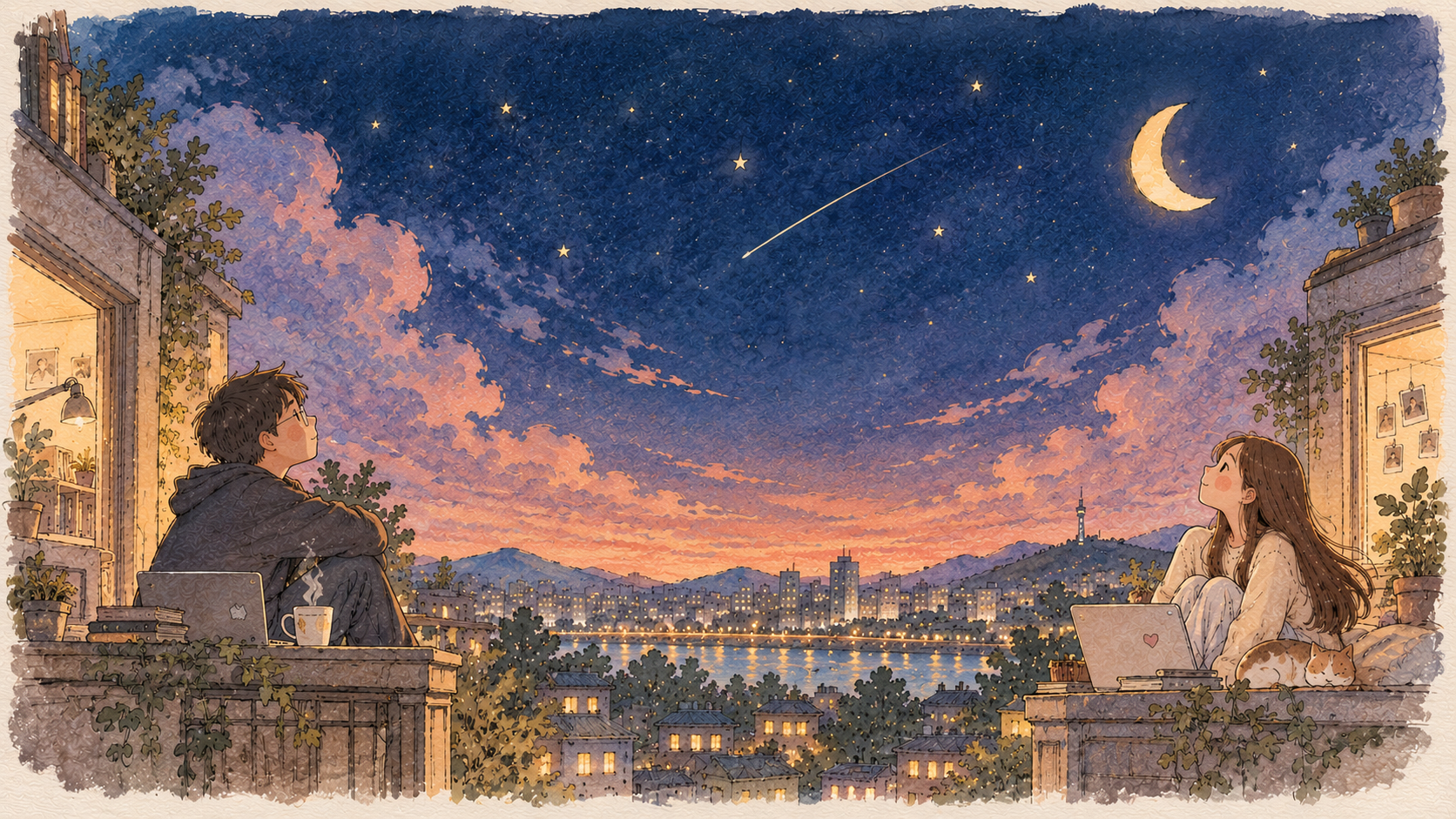 Watercolor illustration of two strangers under a starry sky