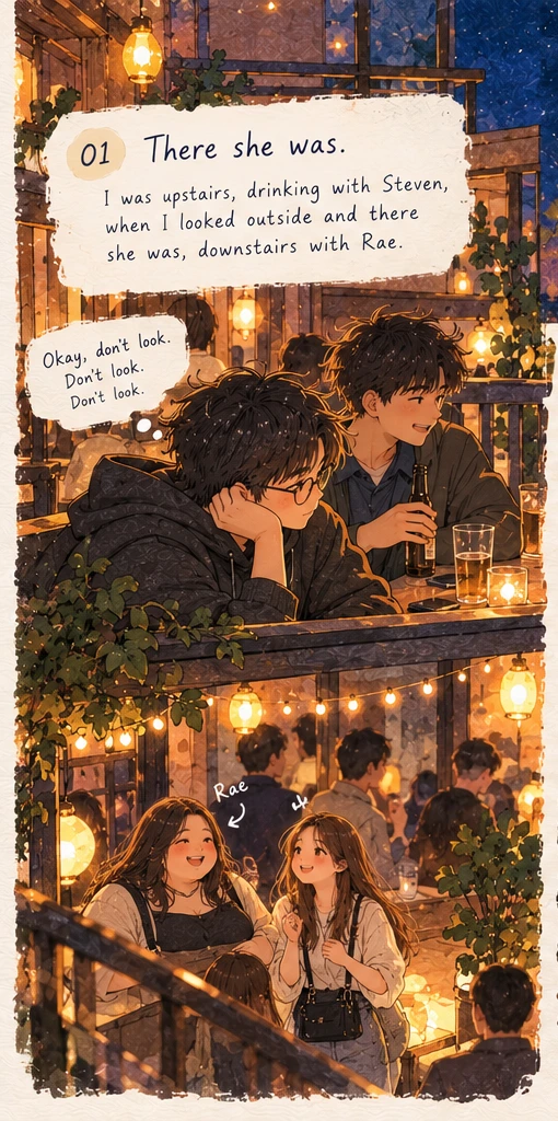 Illustrated rooftop bar, with a shy young man wearing glasses upstairs while his crush is downstairs with Rae
