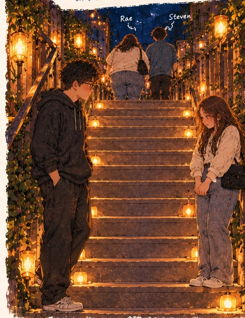 Watercolor night staircase with Rae and Steven walking ahead, while the bespectacled young man and his crush linger a few steps behind