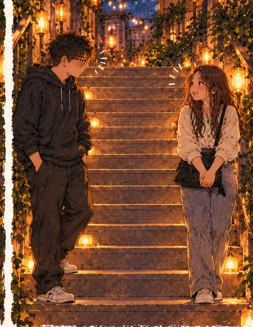 A shy couple talking closely on softly lit stairs, young man wearing glasses, surrounded by warm watercolor lantern light