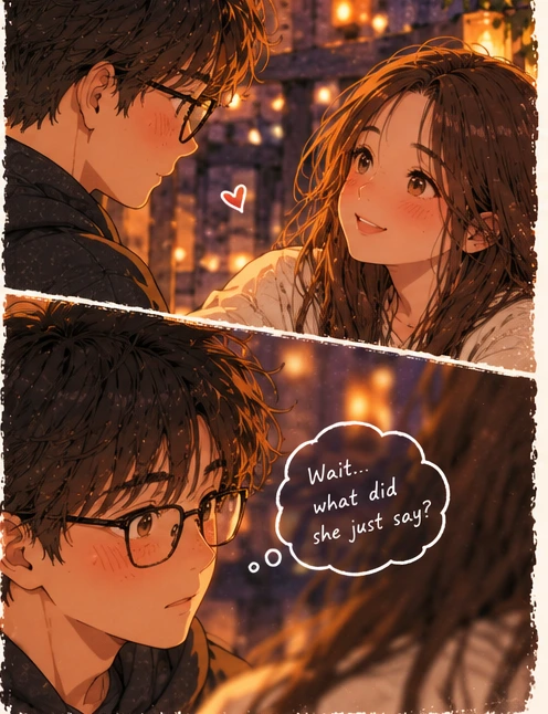 Watercolor close-up of a young man in glasses mesmerized by the smiling girl he is talking to on a rooftop staircase at night