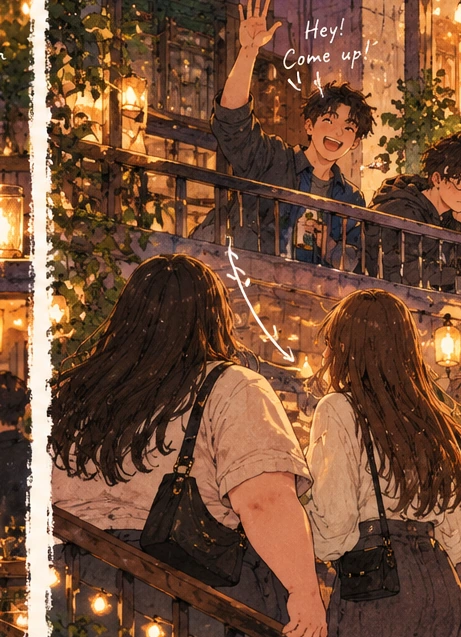 Steven waves from the upper-floor balcony while the young man in glasses stands beside him, and Rae and his crush are downstairs
